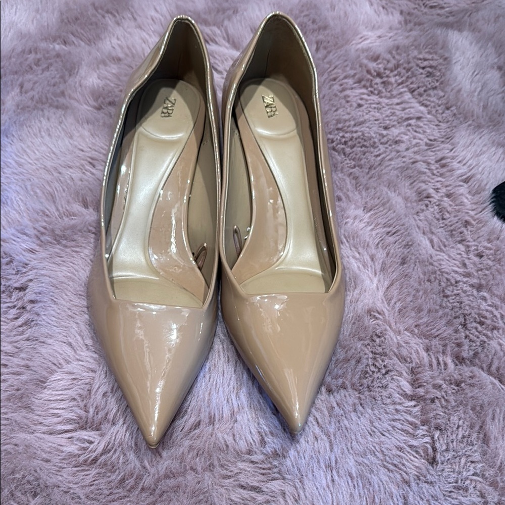 Zara Tan Heels Sleek Patent Leather